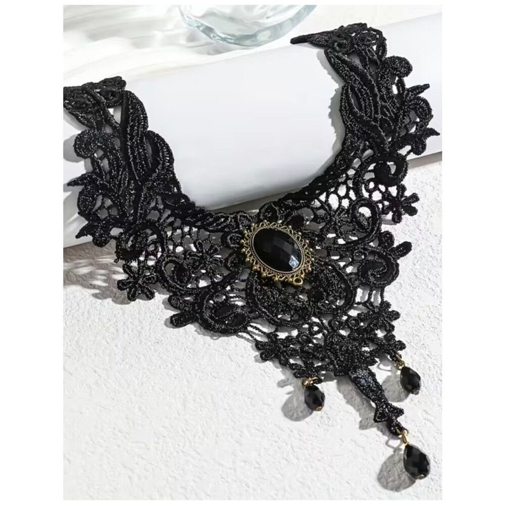 NWT Victorian Gothic Black Lace Choker Necklace Cabochon Pendant Drop Statement